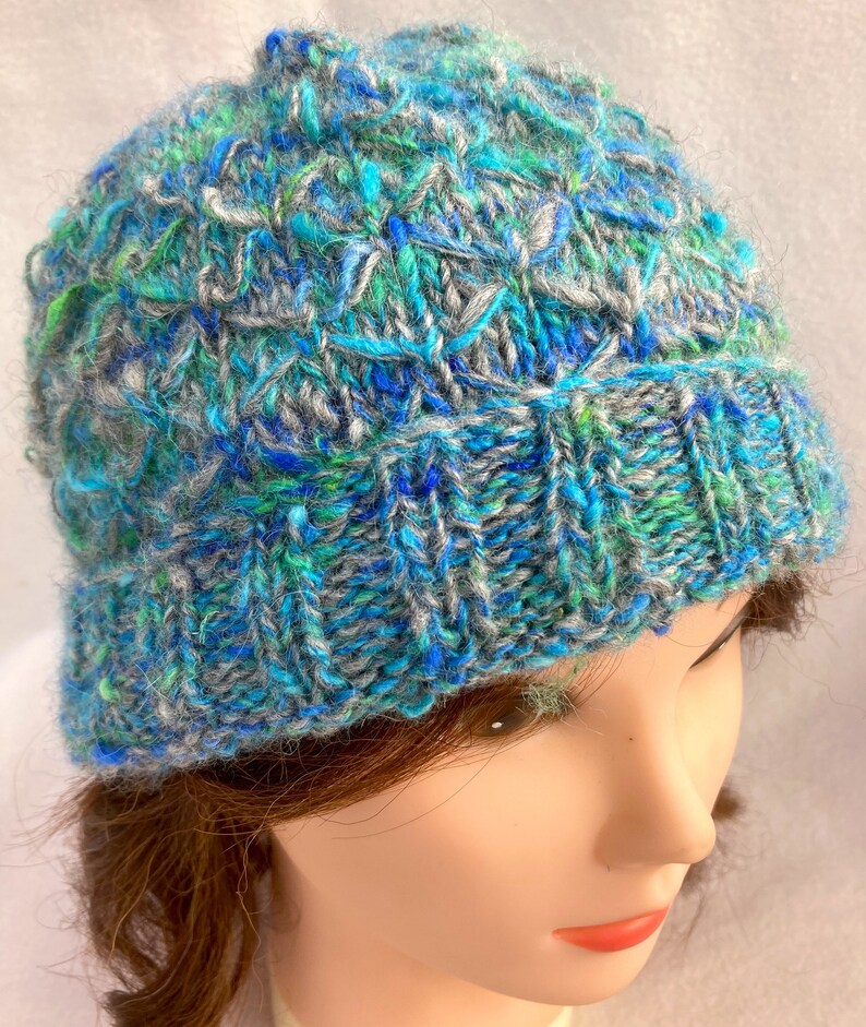 Blue and Green Hat, Hand Spun Alpaca Hat, image 2