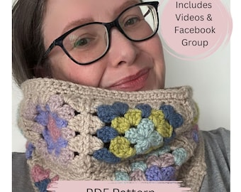 May include: A woman wearing a crocheted neck warmer with a granny square pattern in shades of beige, blue, green, and pink. The text "PDF Pattern" and "Includes Videos & Facebook Group" are visible in the image.