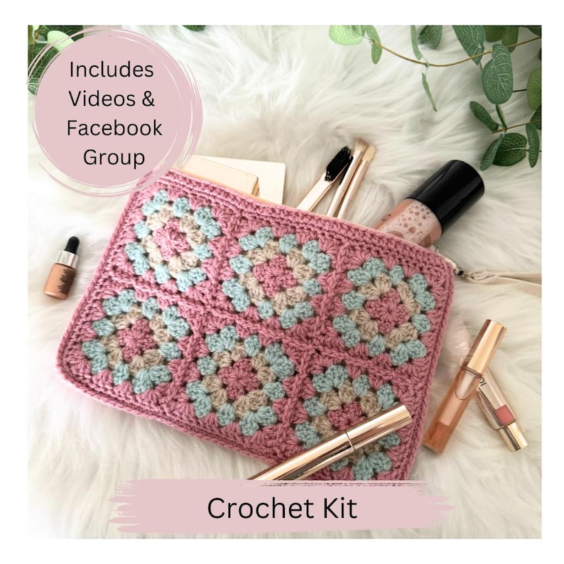 May include: Crochet kit for a pink and green granny square makeup bag. The kit includes instructions and videos.  Includes Facebook group.