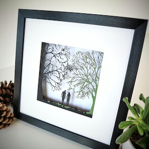 Framed Papercut Couple Silhouette | Romantic Forest Wall Art | Handmade Anniversary, Wedding & Valentines Day Gift