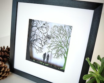 Gerahmte Papercut Paar Silhouette | Romantische Waldwandkunst | Handgefertigtes Geschenk zum Jahrestag, Hochzeitstag & Valentinstag