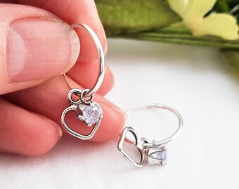 Sterling Silver Sz15 Lilac Crystal and Heart Charm Creole Hoop Earrings