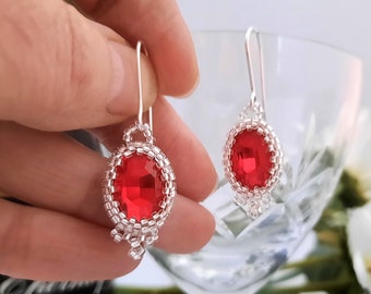 Sterling Silver and Red Crystal Beaded Earrings | Gift | Wedding | Celebration