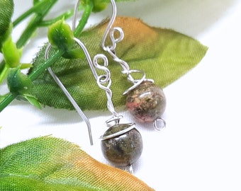 Sterling Silver Unakite Earrings | Dangly | Wire Wrapped | Green | Khaki | Coral