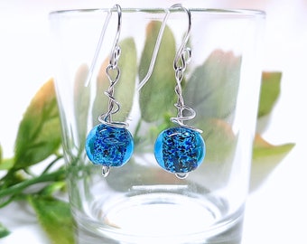 Sterling Silver Aqua Blue Earrings | Wire Wrapped | Dangle | Speckled