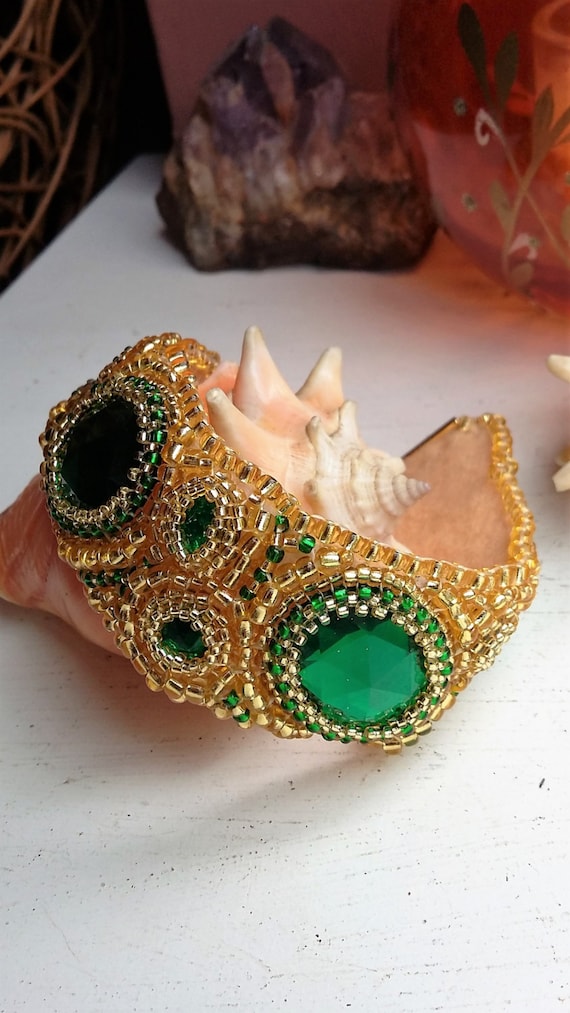 Green and Gold Cuff Bracelet Etsy
