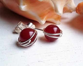 Sterling Silver 8mm Saturn Red Carnelian Gemstone Ball Stud Earrings