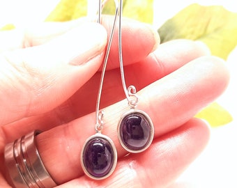 Sterling Silver Dark Purple Amethyst Dangle Earrings on a Long Curved Ear Wire