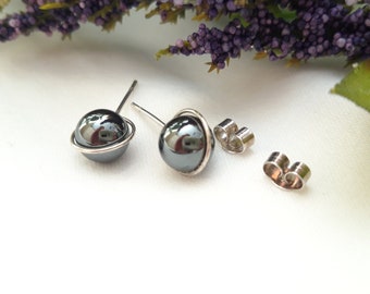 Sterling Silver Halo 8mm Haematite Gemstone Ball Stud Earrings | Hematite