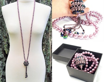 Purple Bead and Crystal Long Line 1920's Style Flapper Necklace