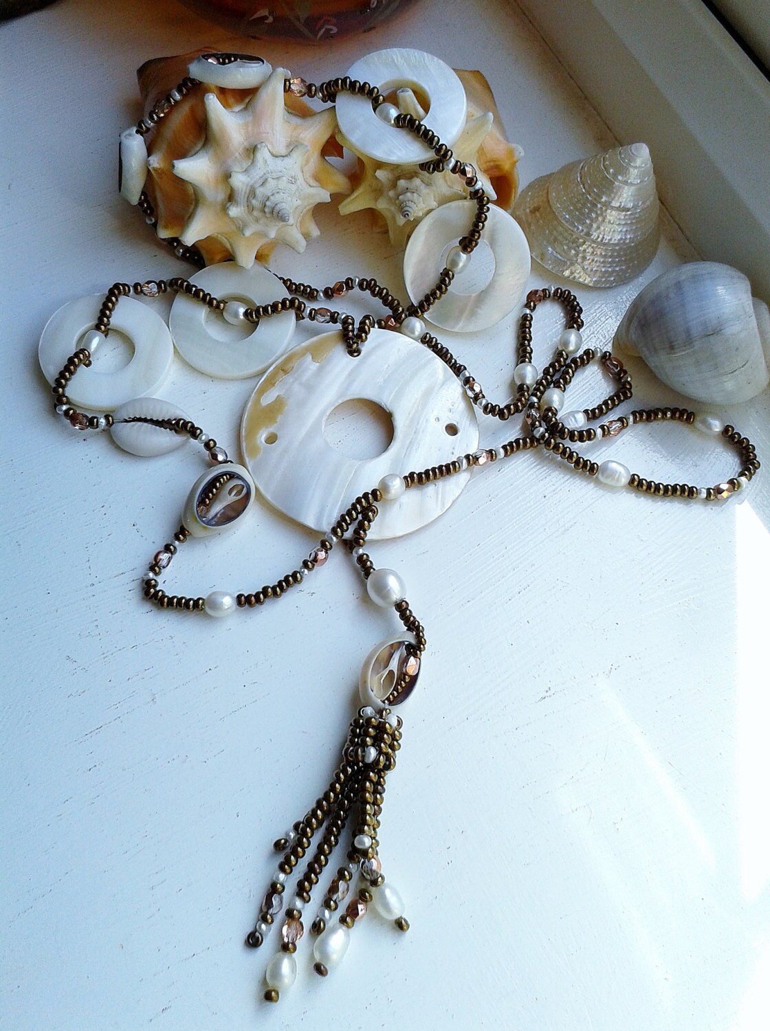 Collier Vintage Fantaisie 5 Rangs Perles - Longueur Nacré Et Perles Orange - Occasion