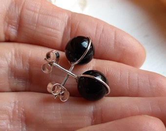 Sterling Silver Halo 8mm Black Onyx Gemstone Ball Stud Earrings