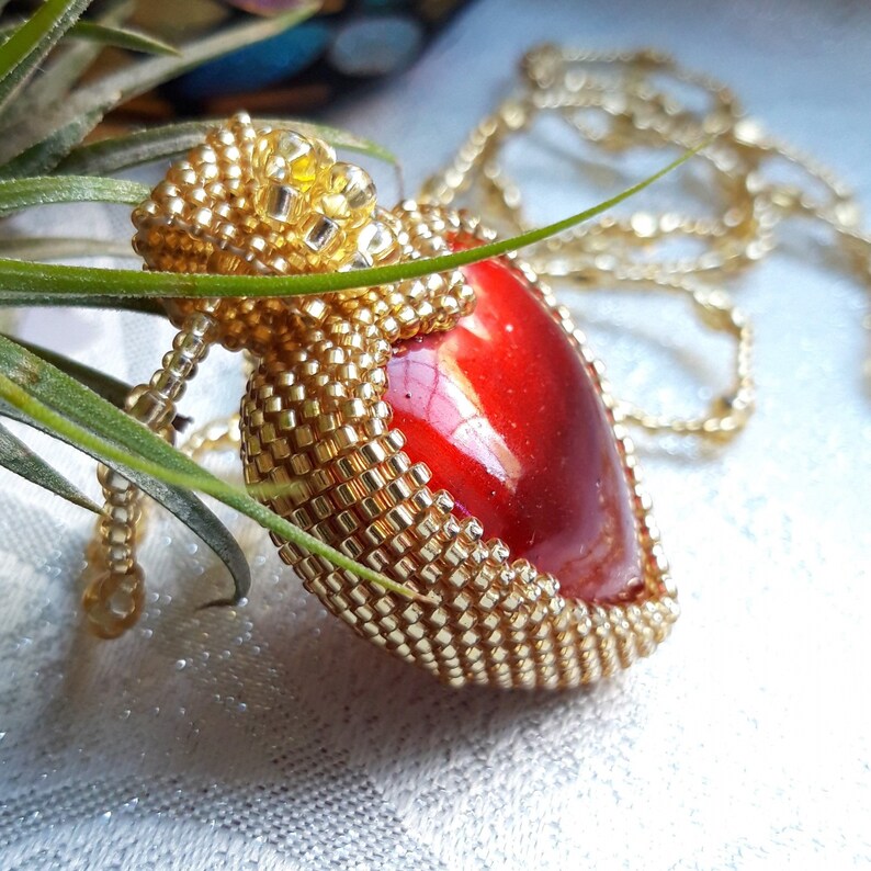 Gold Beaded Red Heart Pendant Necklace Etsy