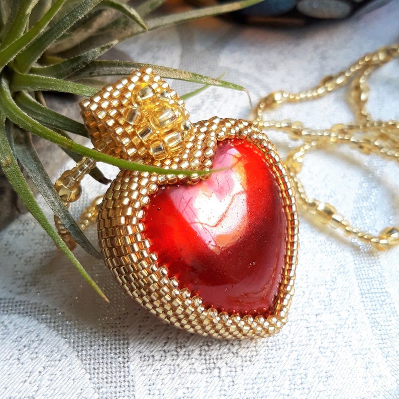Gold Beaded Red Heart Pendant Necklace Etsy