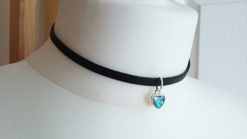 Silver Plated Leather Band Choker with Abalone Heart Pendant