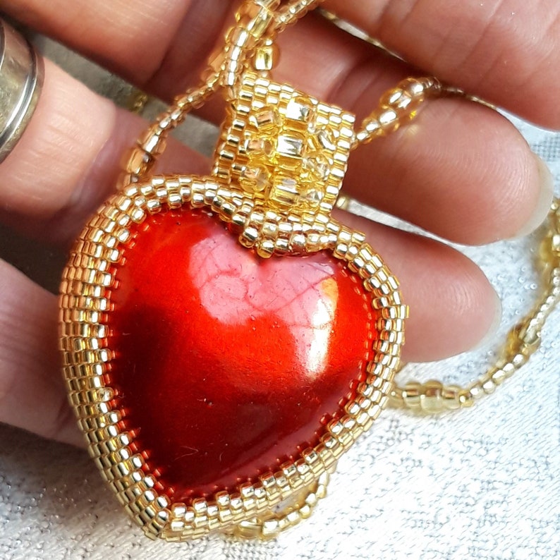 Gold Beaded Red Heart Pendant Necklace Etsy