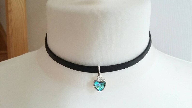 Silver Plated Leather Band Choker with Abalone Heart Pendant