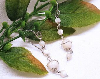 Sterling Silver Mother of Pearl Shell Earrings | Wire Wrapped | Dangly | Long