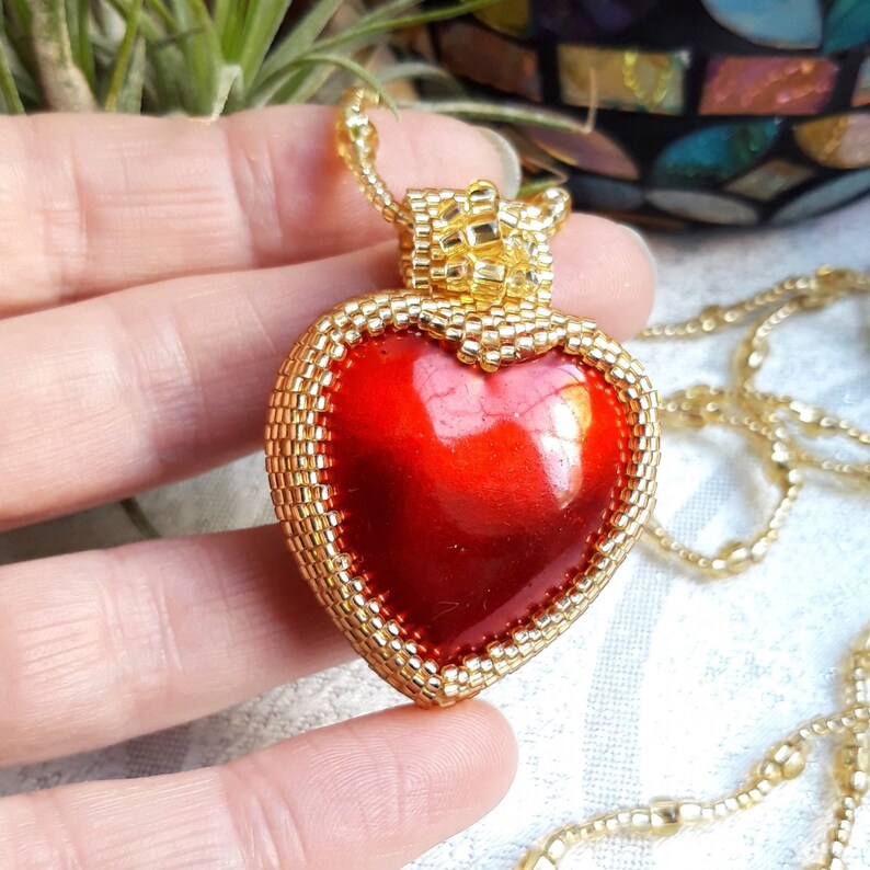 Gold Beaded Red Heart Pendant Necklace Etsy
