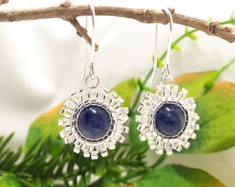 Sterling Silver Denim Blue Sodalite Beaded Dangly Earrings