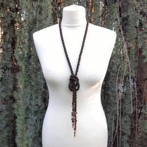 Handmade Black Bronze Beaded Lariat Necklace: Mother of Pearl Tassel