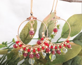 Gold Beaded Red and Green Hoop Earrings | Creole | Dangly