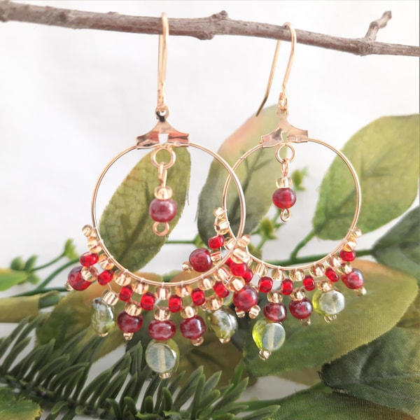 Gold Beaded Red and Green Hoop Earrings | Creole | Dangly