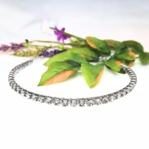 May include: A silver choker necklace with a row of clear rhinestones.