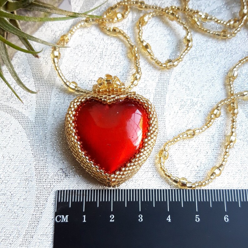 Gold Beaded Red Heart Pendant Necklace Etsy