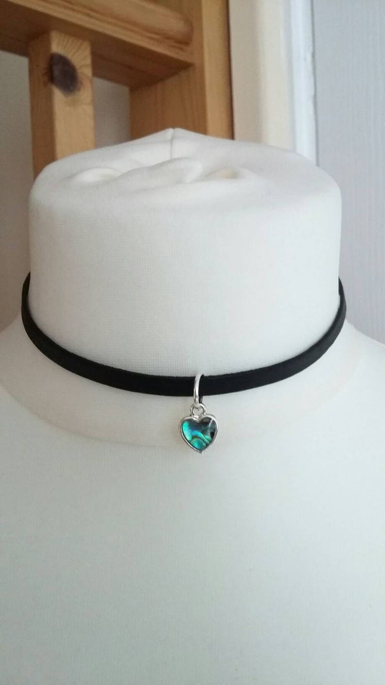 Silver Plated Leather Band Choker with Abalone Heart Pendant