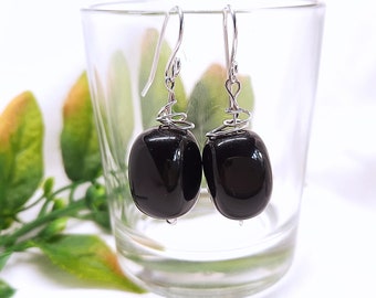 Sterling Silver Black Onyx Nugget Wire Wrapped Earrings