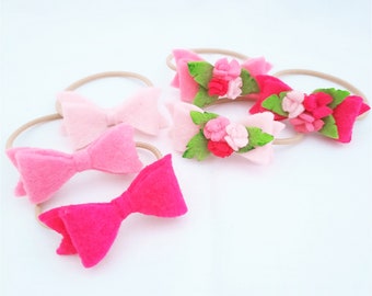 Pink Felt Flowers and Bows Hair Band Elastic Pigtail Ties