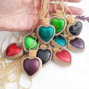 Gold Beaded Large Heart Pendant Necklaces in a Range of Colours
