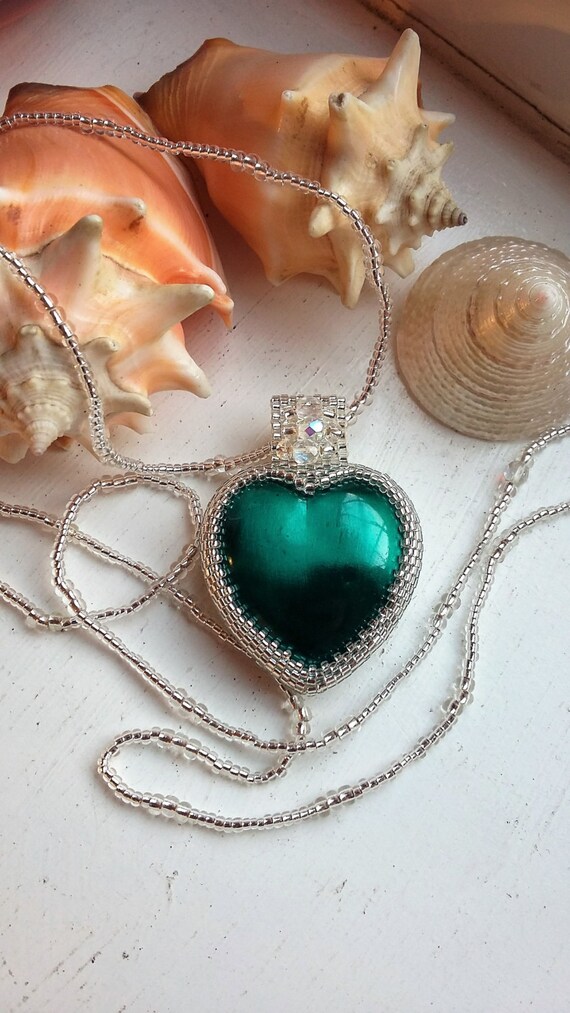 Silver Beaded Teal Heart Pendant Necklace Etsy