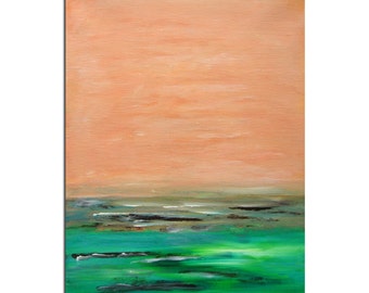 Green Water Abstract Landscape Painting Emerald Green Pink Abstract Seascape Painting Acrylic Canvas Modern Painting 9x12&quot; PuzzledbyArtmondo