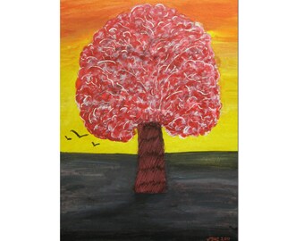 Red Tree Sunset Painting Red Yellow Painting Tree Painting Acrylic Canvas Art Sunset Spring 12x20&quot; Original Painting Red Yellow Black