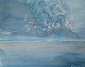 Ash Cloud Painting Iceland Volcano Eruption Painting Blue Grey Painting Abstract Landscape Painting Acrylic Painting On Canvas 9x12"