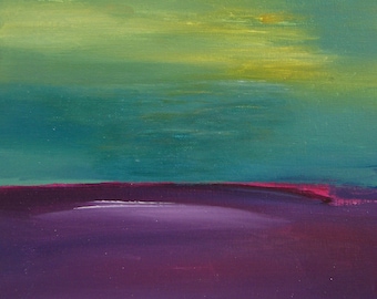 Original Abstract Acrylic Painting: Purple Green Sunset Art, 10x10"