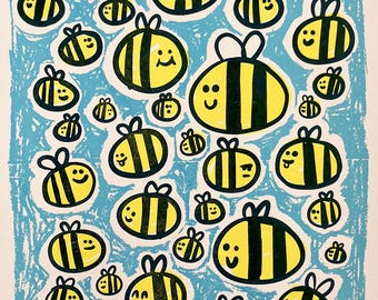Sérigraphie abeilles - impression d'art - été - nature - punaises - insectes - fait main - A3