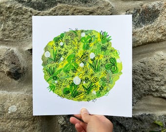 Sérigraphie printanière - Fait main - Vert - herbe - carré - nature