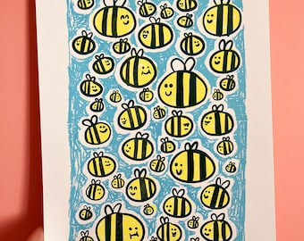 Serigrafía de abejas - Impresión artística - Verano - Naturaleza - Insectos - Hecho a mano - A3