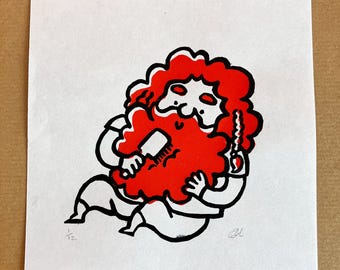 Enano cepillando su barba - Linograbado - Hecho a mano - Divertido - Fantasía - El Señor de los Anillos - Dibujos animados