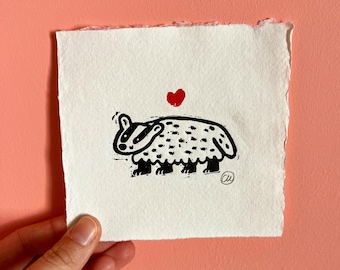 Grabado en linóleo de criaturas del bosque: arte animal hecho a mano sobre papel de trapo Khadi