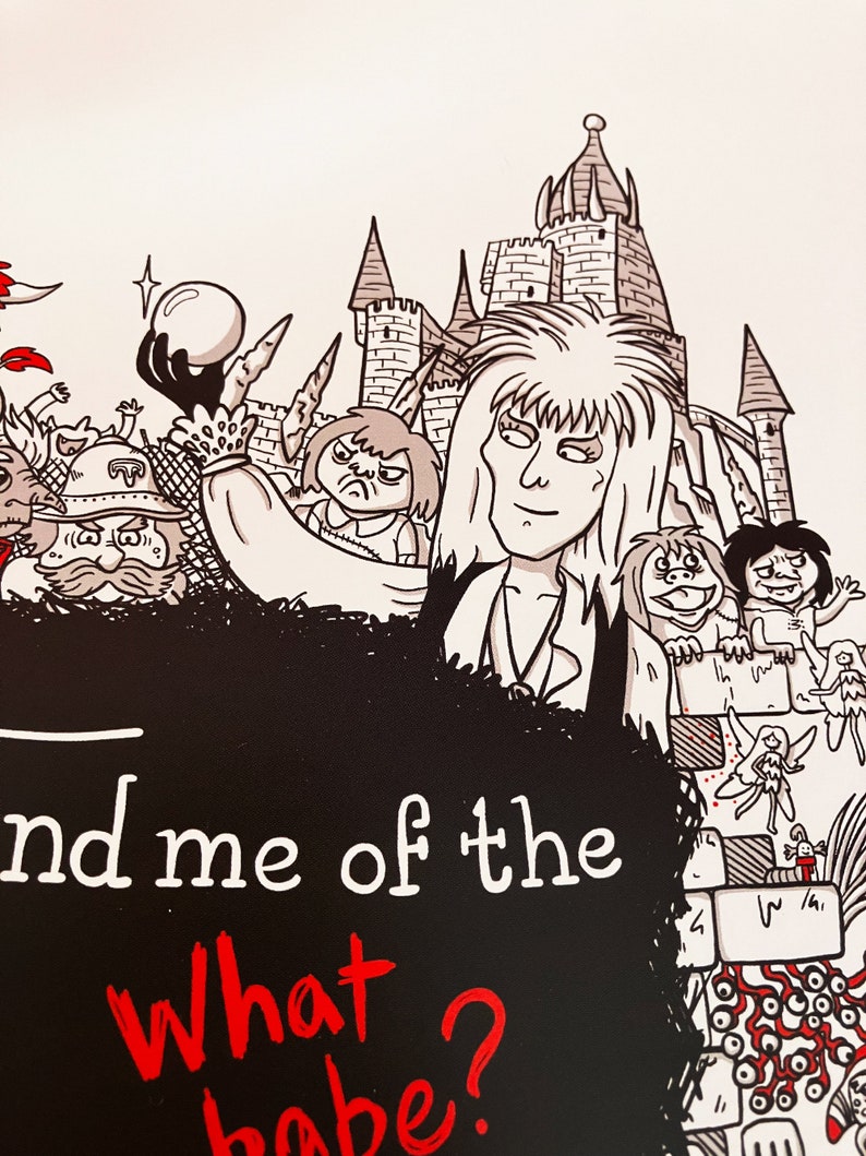 A3 print illustrating the song lyrics from 'Dance Magic', from the film Labyrinth. Illustrated characters and places from the Labyrinth world border the song lyrics.
Close up of an illustrated Jareth the Goblin King.