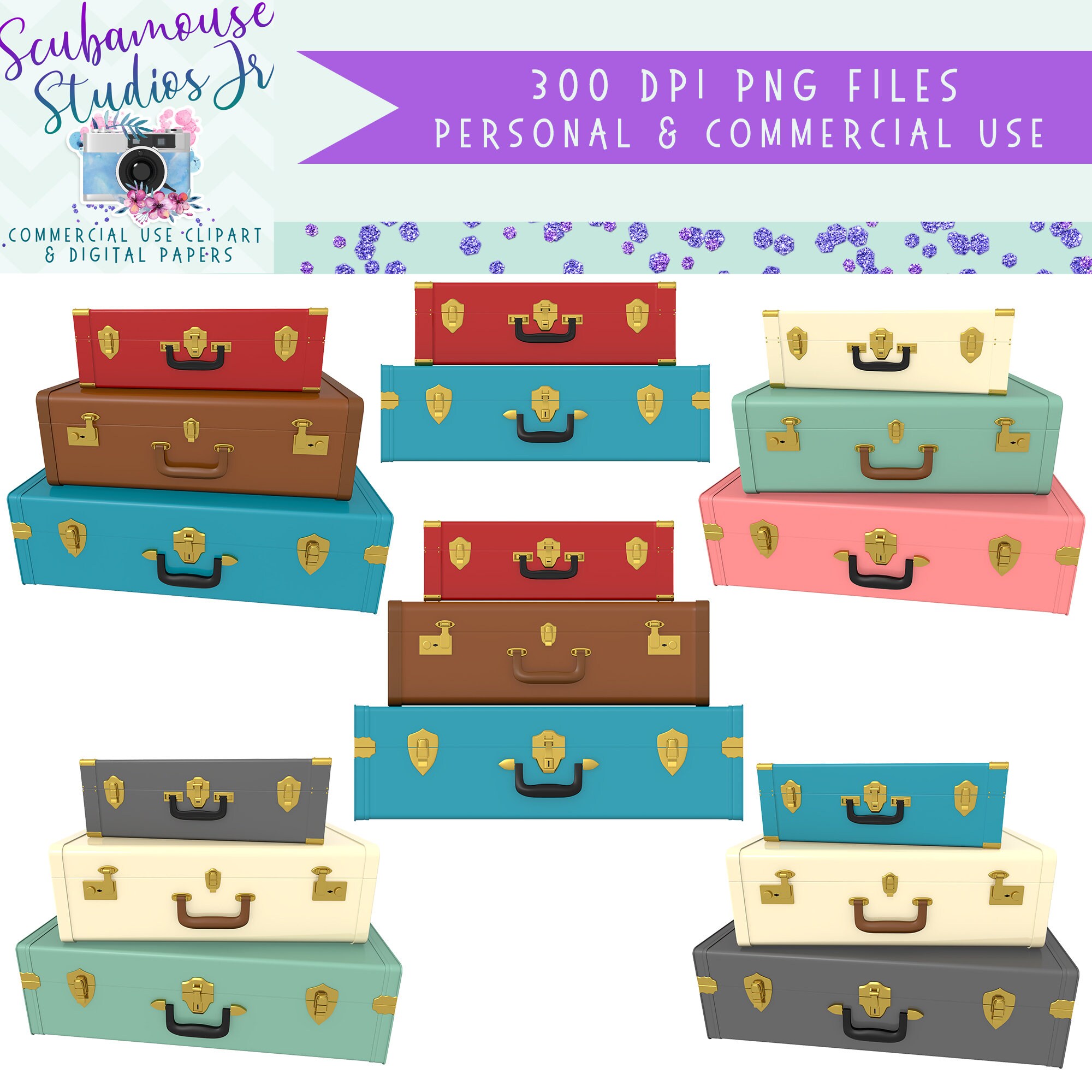 Suitcase clipart suitcase clip art stacked suitcases travel Etsy