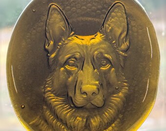Handmade Recycled Bottle Glass German Shepherd Dog Stained Glass Suncatcher Rondel