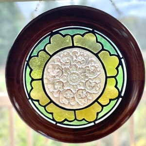 Handmade Recycled Glass Stained Glass Wood Framed Circular Window Panel Featuring Five Inch Retro Rondel Design