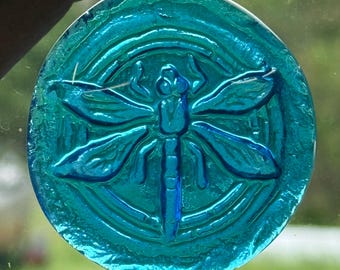 Handmade Dragonfly Recycled Bottle Glass Medallion Suncatcher Jewel Gem