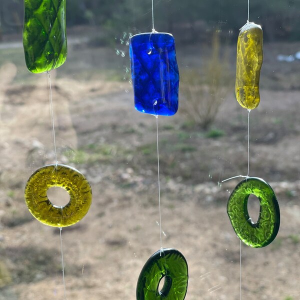 Handmade Recycled Glass Wine Bottle Neck Suncatcher with Bottle Neck Gems