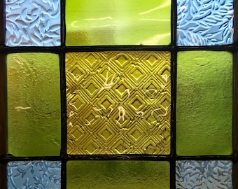 Handmade Recycled Glass Stained Glass Window Panel Suncatcher Squares in Squares Design